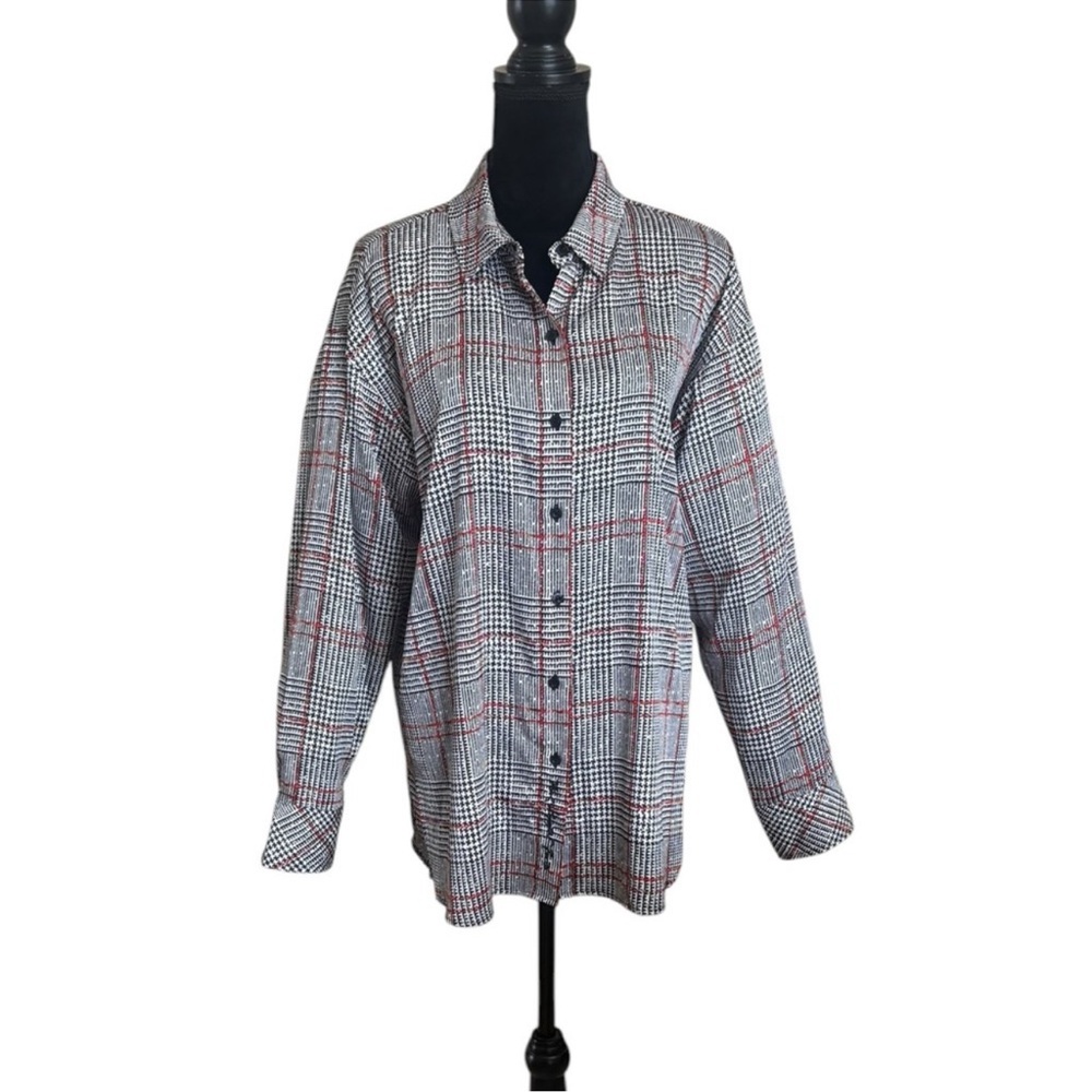 Karl Lagerfeld NWT classic plaid black & red silky blouse top size large